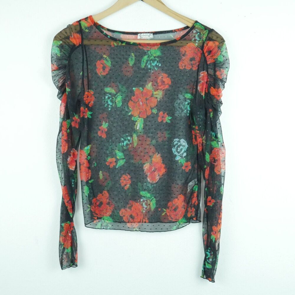 Free People Medium Top Sheer Mesh Lace Floral Whimsigoth Boho Dark Romantic Y2K